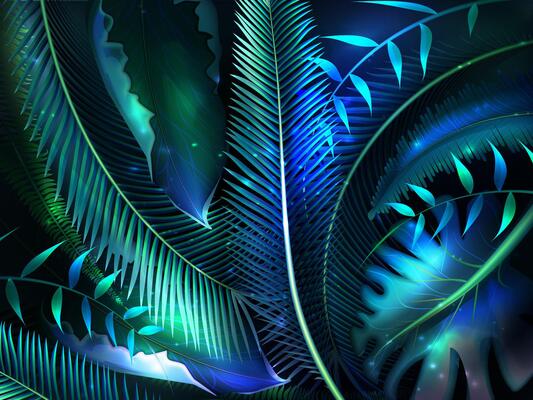 Realistic palm leaves with neon glow. Tropic jungle palm leaves, exotic glowing forest plants. Summer seamless pattern. Natural leaf background. Beautiful botanical texture.