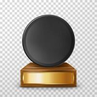 Winner hockey trophy award on wooden stand with empty plate, isolated on background. Black puck on pedestal with golden nameplate. Award prize for victory in ice hockey competition,realistic 3d vector