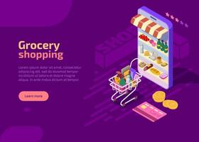 Grocery shopping isometric landing page, web banner on purple background. Supermarket cart full of products. Food storage shelves, racks in market shop on mobile phone. E-commerce online store concept vector