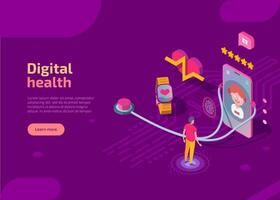 Digital health isometric landing page. Virtual medical consultation with doctor via mobile phone. Healthcare help web banner with cellphone, smart watches, big heart with beat, chatting with physician vector