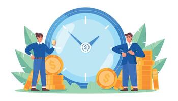 Time is money. Financial investment in stock market future and marketing planning of money growth with big clock, golden coins and business people. Save time concept in flat style illustration. vector