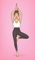 pop art girl practicing yoga, meditation, relaxation, balance, training her body. Young slim woman standing on one leg with raised hands, isolated on pink background. Healthy lifestyle concept vector