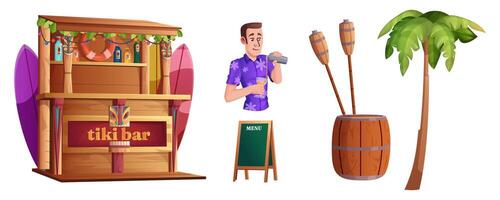 Cartoon set of summer elements with bartender and beach cafe with snacks and drinks. Male barman with cocktail and wooden tiki bar with tribal masks, torch and palm tree isolated on white background. vector