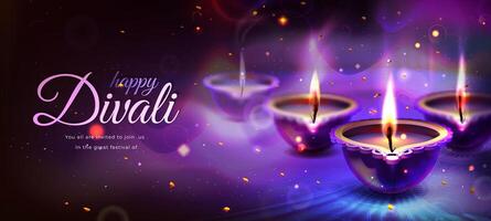 Realistic poster of happy diwali holiday with glowing diya candles on purple background. Traditional hindu festival with floral mandala. Indian religious celebration with burning lamps, rangoli design vector
