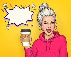Pop art ad banner with winking young blonde hair woman in pink hoody holding paper coffee cup with plastic lid illustration on yellow background. Take away drink concept. Coffee shop poster. vector