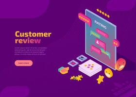 Customer review isometric landing page. Usability evaluation, feedback, reputation, satisfaction client and star rating system concept. Social media digital marketing evaluation web banner, website. vector