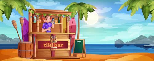 Summer beach with tiki bar and happy barman. cartoon bartender with cocktails and wooden cafe on sandy sea coastline. Tropical ocean shore with palm trees. Hut bar with tribal masks and drinks. vector