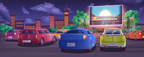 Car street cinema. Drive-in movie theater with automobiles on open air parking at summer night. Outdoor large screen glowing in darkness. Urban entertainment, film festival concept in cartoon style. vector