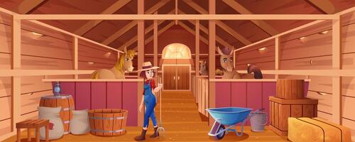 Cartoon stable with horses and woman stableman. Interior of barn or countryside building for animals. Farm house inside view. Wooden ranch with stalls, equines, paddocks, haystacks and girl farmer. vector