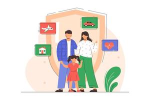 Home, car, travel and health insurance. Flat family with safety shield. Happy parents with children. Protection property and life of characters. Coverage accident and assurance plan concept. vector