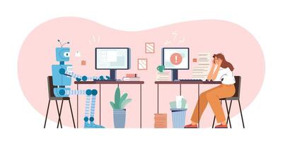 Robot vs human flat illustration. Robotic machine and tired woman working at computer in the office. Humanoid versus person. Artificial intelligence challenging employee. Modern ai technology. vector