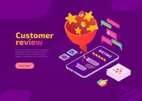 Customer review isometric landing page or web banner. Gold stars falling into funnel and client rating displaying in app on smartphone screen. Clients satisfaction, feedback and best result concept. vector