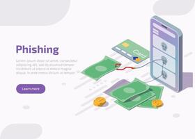 Phishing isometric landing page or web banner. Fishing hook catch money bills from mobile phone screen. Theft personal data in internet for hacking account. Cyber crime, 3d flat illustration. vector