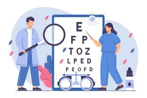 Flat ophthalmologist check eyesight with eye test chart and eyeglasses. Woman oculist with pointer measure visual acuity. Doctor diagnose ophthalmic problem in hospital. Ophthalmic exam concept. vector