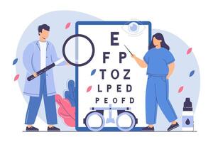 plano oftalmólogo cheque vista con ojo prueba gráfico y los anteojos. mujer oculista con puntero medida visual agudeza. médico diagnosticar oftálmico problema en hospital. oftálmico examen concepto. vector