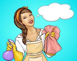 pop art illustration advertising a cleaning service with a smiling housewife. Friendly worker, pretty woman in a uniform and protective gloves, holds cleaning products, retro style vector