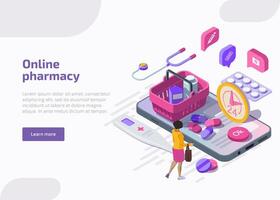 Online pharmacy banner. Mobile drugstore service. landing page with isometric woman buyer and smartphone with application for purchases medical drugs, pills, tablets and healthcare products. vector