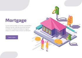 Mortgage isometric landing page or web banner. Happy couple near own cottage house with scattered coins and keys. Debt, hypothec loan, bank consumer credit offer for buying home by installments. vector