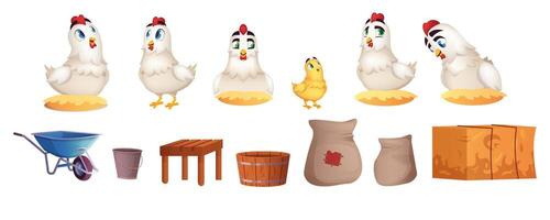 Cartoon objects set of hens, garden elements, dried haystack and sacks of grain isolated on white background. Chickens lay eggs in straw nest. Agricultural wooden busket, wheelbarrow and bale of hay. vector