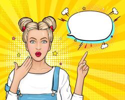 Modern surprised woman wow face. Young wonder girl with blonde hair, open mouth point finger to empty speech bubble on yellow background. Pop art retro comic illustration. vector