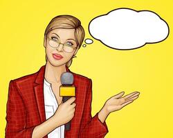 Pop art beautiful female TV reporter broadcasts live. Young woman journalist, presenter in jacket and glasses holding microphone in hand. illustration on yellow background in retro comic style. vector