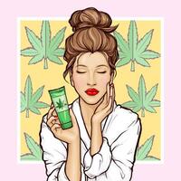 Pop art young woman in bathrobe with closed eyes holding in hand tube of herbal hemp cosmetic. Girl uses product for skin face care made of marijuana, cannabis. Advertising natural treatment cosmetics vector