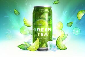 Realistic aluminium can with ice tea drink on refreshing background. Metal bottle with soft beverage with ice cubes, lemon pieces and green leaves around. Banner design template for advertising. vector
