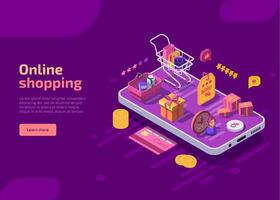 Online shopping isometric landing page template, web banner on purple background. Supermarket cart with purchases, boxes, gifts and basket on screen of mobile device. E-commerce store concept. vector