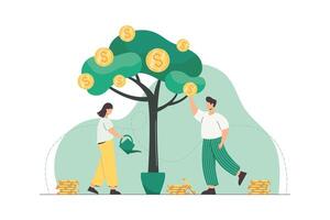 People watering money tree and picking golden coins from green plant. Successful business growth, income and investment concept. Flat characters making money. Company have cash financial profits. vector