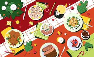 Flat christmas table top view with traditional dishes. Meals in plates, drink and decorated cutlery. Red tablecloth with holiday food, candles and spruce wreath of fir branches. vector