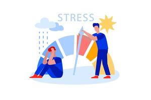 Flat man reducing stress level, solves problems and reduces psychological pressure. Employee struggling with arrow of crisis measure. Tired person frustrations at work. Exhaustion overload concept. vector