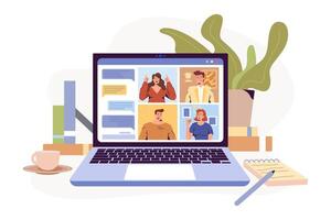 conference remote working flat illustration. Screen laptop with group of colleagues, people connecting together. Online communication with teleconference. Virtual meeting, work from home concept vector