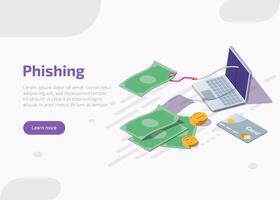 Phishing isometric landing page or web banner. Fishing hook catch money bill from laptop screen. Scammer theft personal data in internet for hacking account. Cyber crime, 3d flat illustration. vector