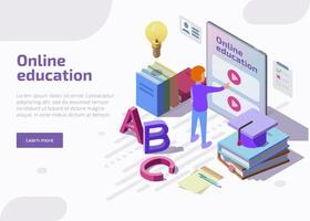 Online education isometric landing page, web banner. Student learning distant tutorials via website or application at huge screen of tablet. Lesson in internet school, university or college. vector