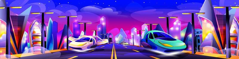Future night city with neon glowing lights. Futuristic cityscape in violet colors. Modern buildings and flying cars unusual shapes. Alien urban architecture skyscrapers cartoon illustration. vector