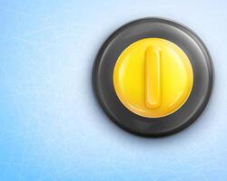 Curling stone with yellow handle isolated on blue background. Equipment for sport game and activity illustration. Granite stone on ice, top view. vector