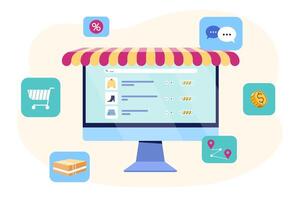 flat concept of e-commerce, online store. Payment by computer and fast delivery. Shopping service, digital marketing concept. Buying goods in shop over internet. vector