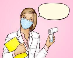 Doctor in protective medical mask with a non-contact digital infrared body thermometer and yellow book in her hand. Temperature check concept. Coronavirus prevention. Pop art illustration. vector