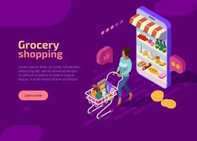 Grocery shopping isometric landing page, purple web banner. Woman character with supermarket cart full of food and drink. Shopper go from market shop on mobile device. E-commerce online store concept. vector