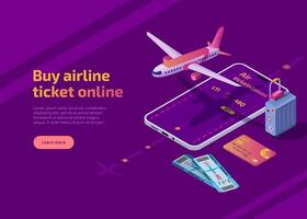 Buy airline ticket online isometric landing page. 3d web banner with plane in the air, bank card and suitcase. Booking application on smartphone screen. Airplane travel app for mobile phone. vector