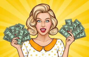pop art illustration of enthusiastic girl with cash. Blonde young woman holds money bills in hands. Advertising poster for the announcement of discounts and sales in the style of popart. vector