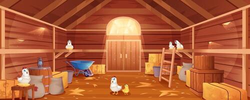 Cartoon barn interior with chickens, straw and hay. Farm house inside view. Traditional wooden ranch with haystacks, sacks, gate and window. Old shed building with hen nests and garden tools. vector