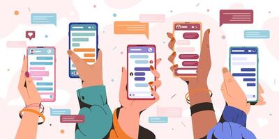 Hands holding smartphones with message chart. People chatting with friends and sending new messages. Sms bubbles boxes on mobile phone screen. Social media communication concept in flat style. vector