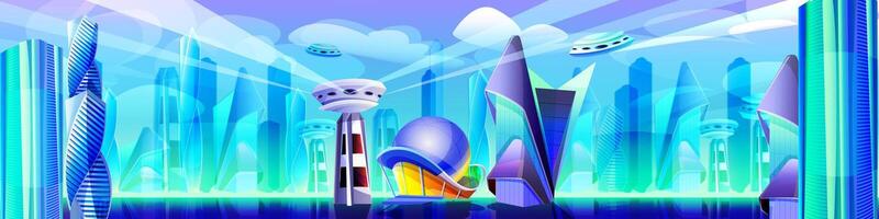 Future city with futuristic glass buildings of unusual shapes. Cartoon alien urban cityscape. Modern style architecture towers, skyscrapers. Metropolis landscape with flying town parts and spaceship. vector