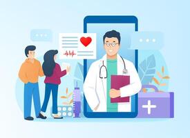 Doctor consults patients online through mobile application at smartphone in flat style. Family get consultation from cardiologist. Pharmacy support, medicine or medical healthcare services concept. vector