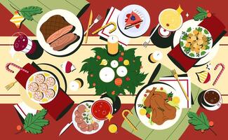Traditional Christmas dishes in flat style. Xmas table top view with meals in plates, drink and decorated cutlery. Red tablecloth with holiday food, candles and spruce wreath of fir branches. vector