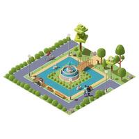 Isometric green city park with people, pond, bridge, plants, benches and fountain in center illustration. A zone of rest and relaxation for family. Outdoor public park concept with characters vector