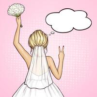Bride standing backwards in white dress, veil with wedding bouquet in hand, pop art illustration on pink background. Girl holds flowers and shows peace, victory gesture. Ceremony celebration. vector