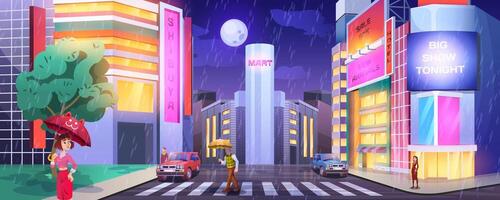 Rain in dark city. People at crosswalk with cars. Paddles with umbrellas crossing road. Wet and rainy weather in night town cartoon with hotel, shops or cafe illuminated buildings facades. vector