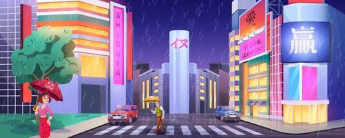 Rain in night city. Pedestrians with umbrellas crossing road. People at crosswalk with cars. Cartoon street illuminated showcases lights in wet, rainy weather. Cityscape with glowing windows of shops. vector